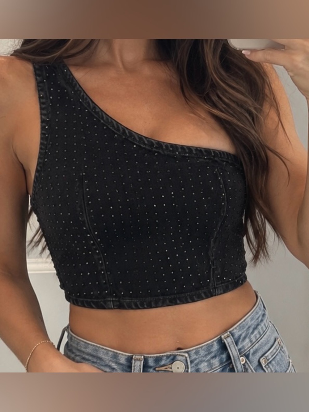 NWT Zara Black One-Shoulder Embellished Crop Top-xs